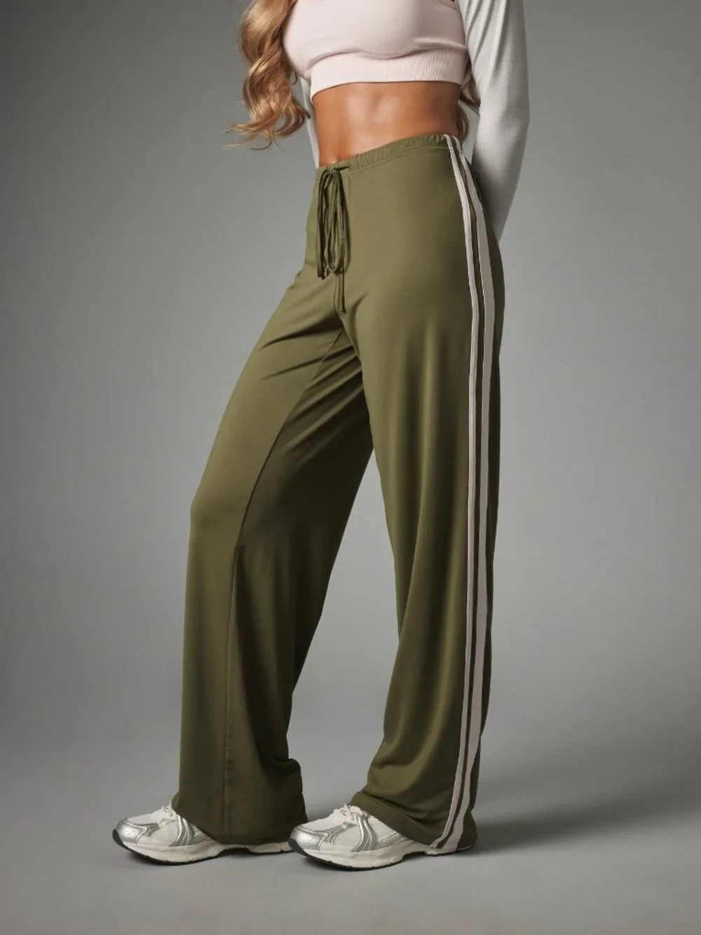 Army Green Casual Women's Wide Leg Track Pants With Contrast Side Stripe